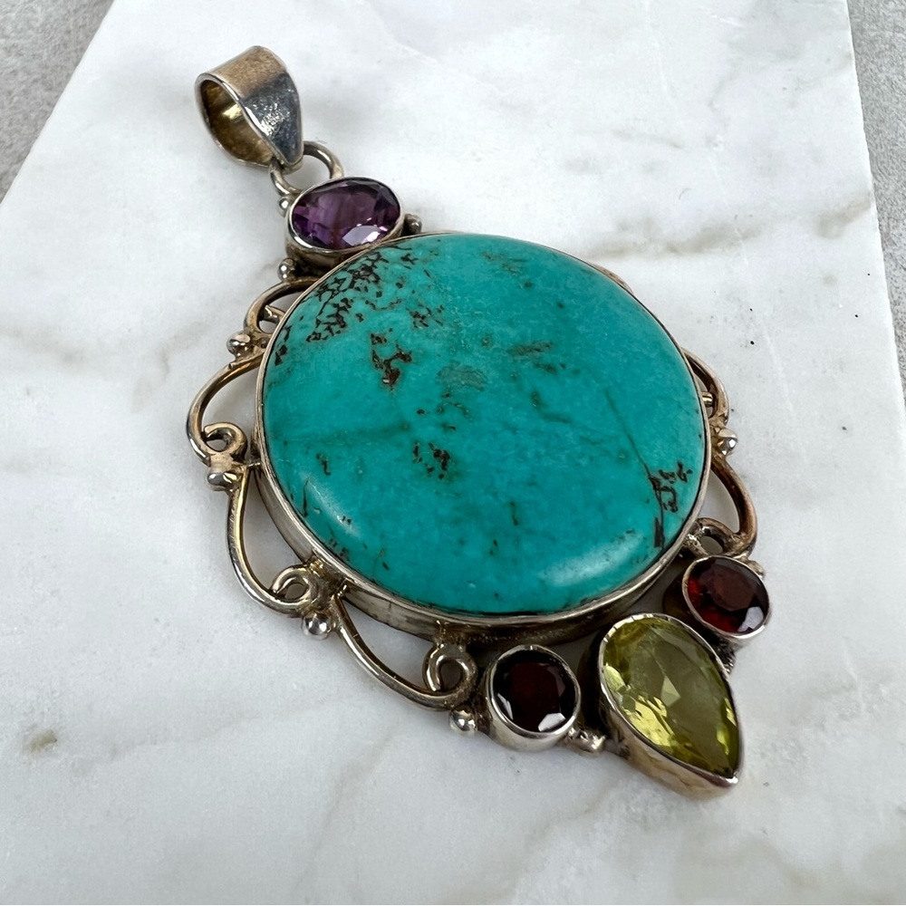 Turquoise Amethyst Garnet and Citrine Sterling Silver Pendant - Picture 4 of 7